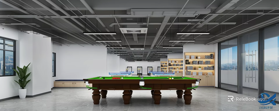 Modern Industrial Billiard Room With Snooker Table And Lighting 3d model 