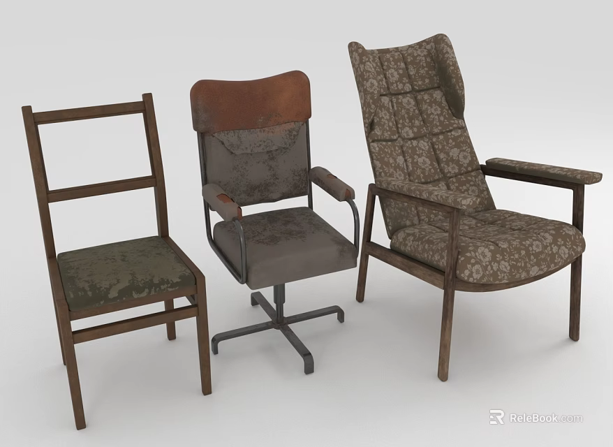 Three Different Wooden Chairs Featuring Dining Office and Lounge Styles with Retro Frames 3d model 