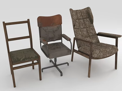 Three Different Wooden Chairs Featuring Dining Office and Lounge Styles with Retro Frames 3d model