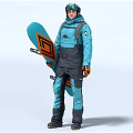 A Man Snowboarding Trick In Blue Suit White Helmet On Blue Board With Orange Patterns