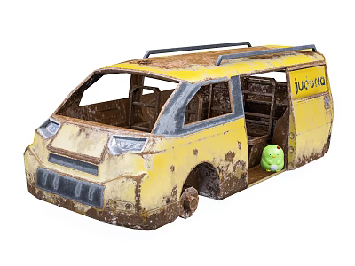 Rusty Yellow Vintage Van With Open Doors VUC470 And Green Item Inside 3d model