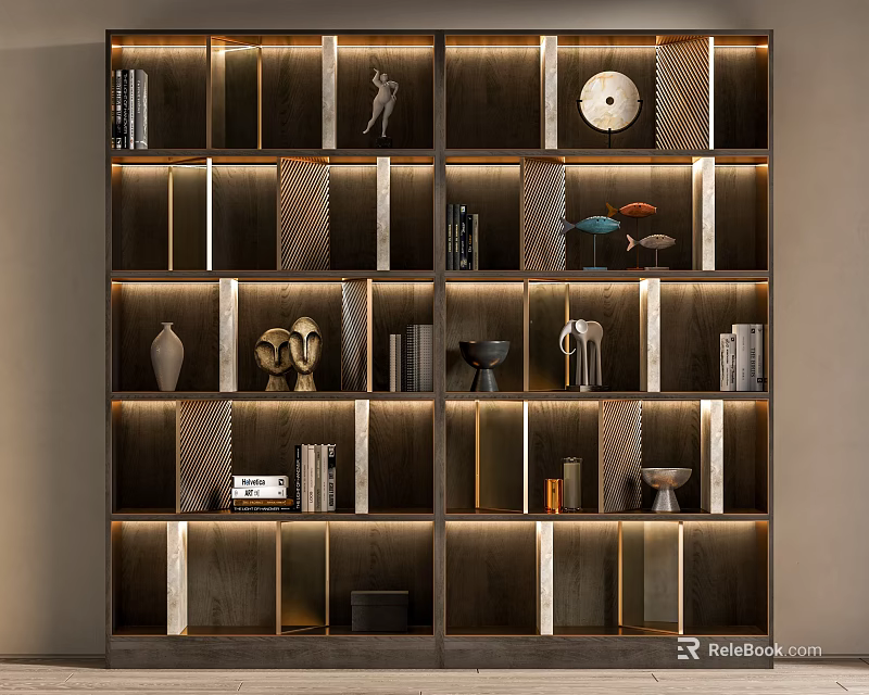 Stylish Modern Bookcase With Layered Shelves Displaying Sculptures Vases Books Clock And Lighting 3d model 
