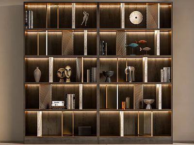Stylish Modern Bookcase With Layered Shelves Displaying Sculptures Vases Books Clock And Lighting 3d model