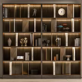 Stylish Modern Bookcase With Layered Shelves Displaying Sculptures Vases Books Clock And Lighting
