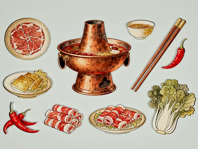 Authentic Hot Pot Restaurant with Fresh Lamb Slices Cabbage Chili Peppers Copper Pot Dipping Sauce 3d model