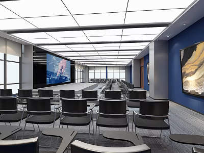 Conference Room With Long Rows Of Chairs Tables Blue Walls Large Screen And Wall Art 3d model