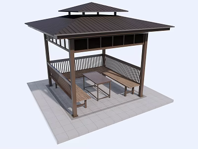Wooden Gazebo With Sloped Roof Bench Table And Stone Paved Floor 3d model