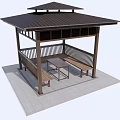 Wooden Gazebo With Sloped Roof Bench Table And Stone Paved Floor