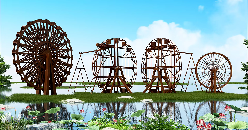 Garden Ornaments Featuring Wooden Water Wheels Water Area Lotus Flowers And Green Grassland 3d model 