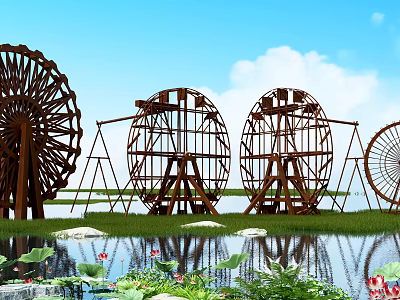 Garden Ornaments Featuring Wooden Water Wheels Water Area Lotus Flowers And Green Grassland 3d model
