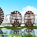 Garden Ornaments Featuring Wooden Water Wheels Water Area Lotus Flowers And Green Grassland
