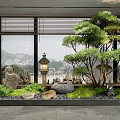 Indoor Landscape Design With Pine Trees Stones Lantern And Mountain View Through Window 3d model