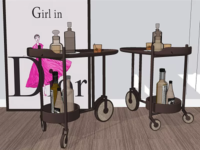 Elegant Bar Carts With Glass Bottles And Dior Themed Poster Background 3d model