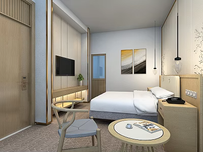 Modern Hotel Guest Room Interior With Comfortable Bed TV And Wooden Furniture Decorative Paintings 3d model