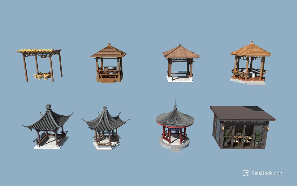 Garden Ornaments Showcasing Various Stylish Wooden Pavilions And Unique Roof Designs 3d model 