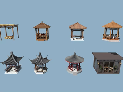 Garden Ornaments Showcasing Various Stylish Wooden Pavilions And Unique Roof Designs 3d model