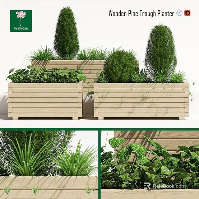Decorative Ornament Set With Wooden Planters Green Plants And Various Foliage 3d model 