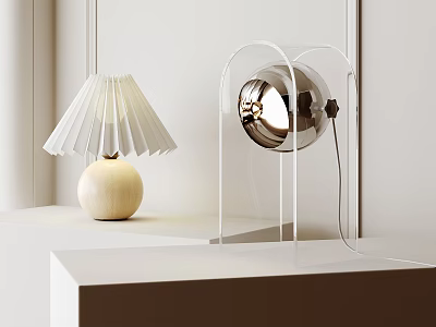Modern Table Lamps With White Pleated Lampshade Wooden Base And Metallic Sphere On White Table 3d model