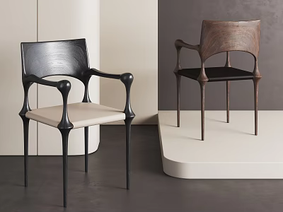 Modern Dining Chairs with Black Frame Beige Seat and Brown Wooden Armrest Design 3d model