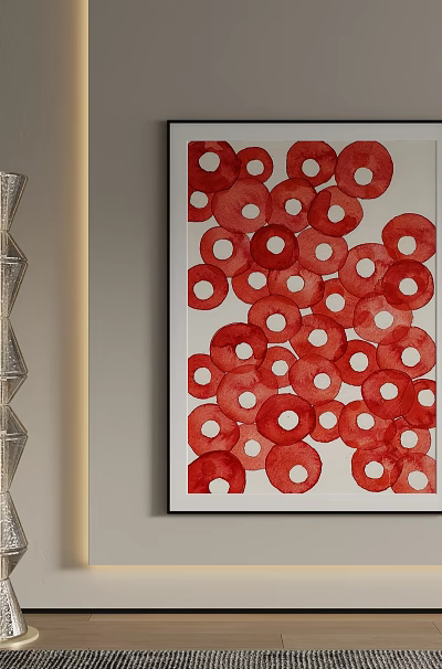 Framed Landscape Painting With Red Circular Patterns And Silver Decorative Ornament 3d model