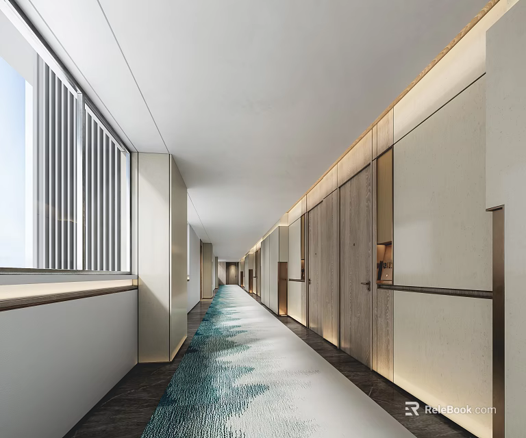 Modern Hotel Corridor Interior Design With Natural Light Wooden Panels And Floor Decor 3d model 