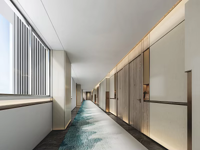 Modern Hotel Corridor Interior Design With Natural Light Wooden Panels And Floor Decor 3d model