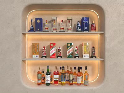 Wine Bottles Display On Illuminated Niche Shelves 3d model