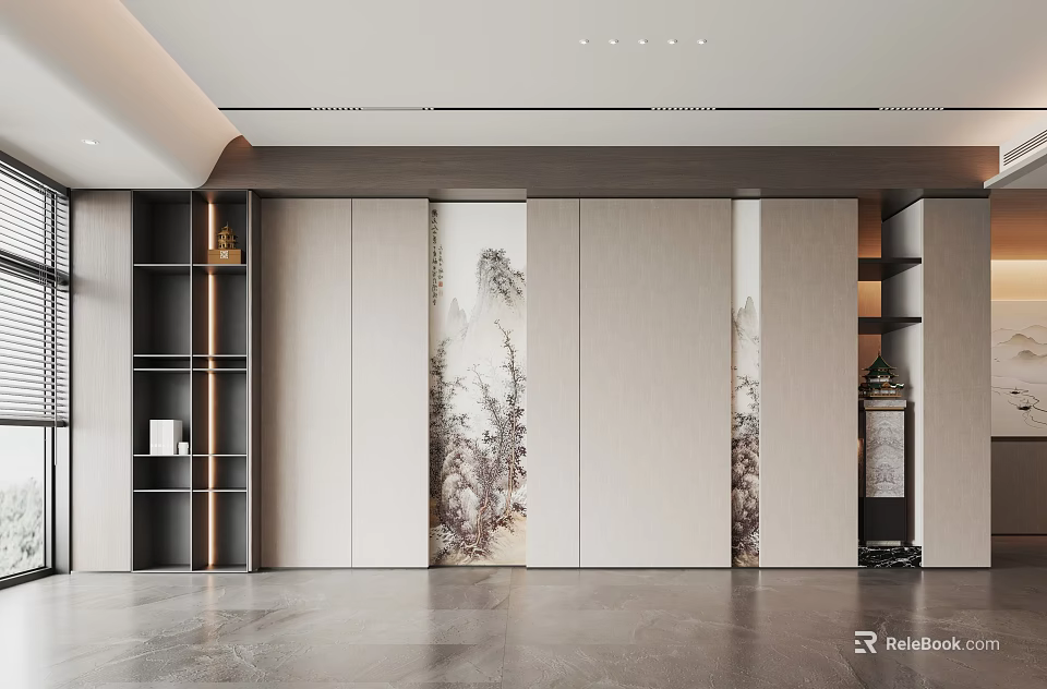 Modern Paneled Background Wall With Decorative Artwork And Side Cabinets In Neutral Tones Interior Design 3d model 