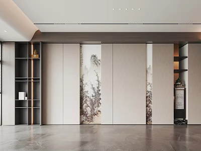 Modern Paneled Background Wall With Decorative Artwork And Side Cabinets In Neutral Tones Interior Design 3d model