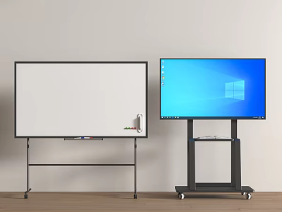 Whiteboard With Markers And Blue Screen Monitor On Mobile Stands In Office 3d model