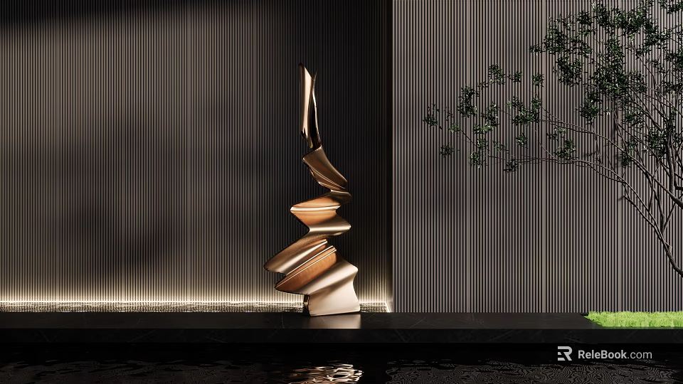 Modern Metallic Spiral Sculpture With Stripped Wall Background And Illuminated Base Reflection 3d model