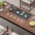 Traditional Chinese Solid Wood Tea Table Set With Matching Chairs And Stools 3d model