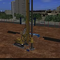 Large Yellow Industrial Drilling Rig on Construction Site With Tall Buildings and Blue Sky