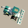 Turquoise And White Agricultural Harvester With Transparent Cabin Large Wheels And Front Reaper Blades