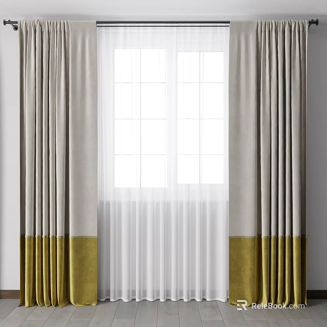 Modern Curtains With Light And Golden Bottom Panels For Double Window Decor 3d model 