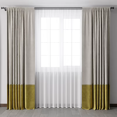 Modern Curtains With Light And Golden Bottom Panels For Double Window Decor 3d model