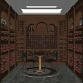 Elegant Wine Cellar With Wooden Racks Arched Design Round Table And Marble Flooring