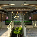 Chinese Style Restaurant Interior With Wooden Ceiling Red Pendant Lights And Beige Sofas