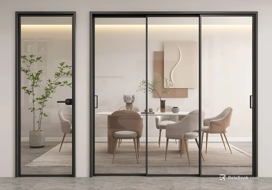 Modern Sliding Glass Doors Interior Design With Dining Area Chairs Plant And Wall Decor 3d model 