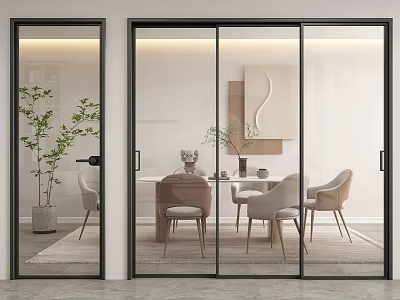 Modern Sliding Glass Doors Interior Design With Dining Area Chairs Plant And Wall Decor 3d model