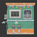 Two story green building model with balconies windows door and roof streamers