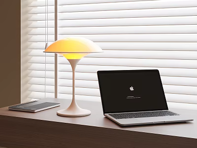 Modern Desk Lamp On Wooden Desk With Laptop And Closed Notebook Near Window Blinds 3d model