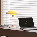Modern Desk Lamp On Wooden Desk With Laptop And Closed Notebook Near Window Blinds