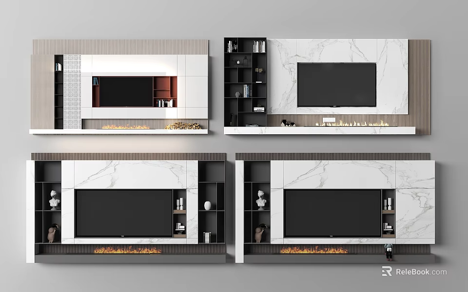 Modern TV Background Wall Interior Design With Marble Texture Storage Cabinets And Shelves 3d model 