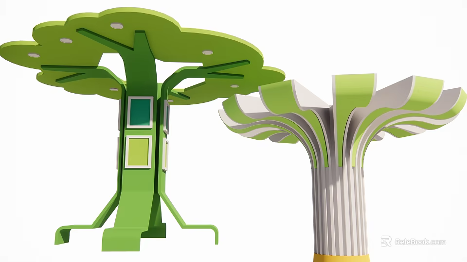Unique Green Decorative Columns With Tree Like Structure Fan Shaped Tops And Square Panels 3d model