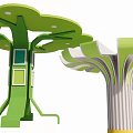 Unique Green Decorative Columns With Tree Like Structure Fan Shaped Tops And Square Panels 3d model