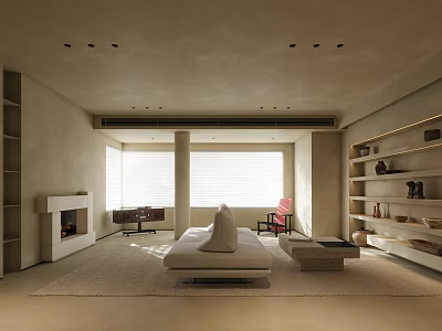 Minimalist Living Room Interior Design With Beige Walls Large Windows Fireplace And Light Sofa 3d model