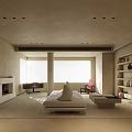 Minimalist Living Room Interior Design With Beige Walls Large Windows Fireplace And Light Sofa