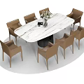 Modern Round Dining Table Set with Brown Chairs and Flower Vase 3d model