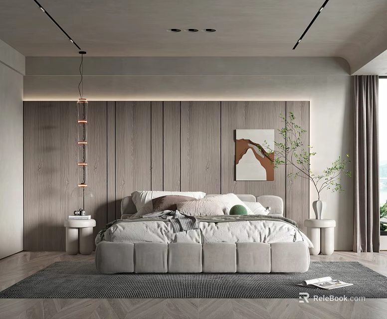 Modern Bedroom Interior With Plush Bed Wooden Wall And Pendant Light Rug 3d model 